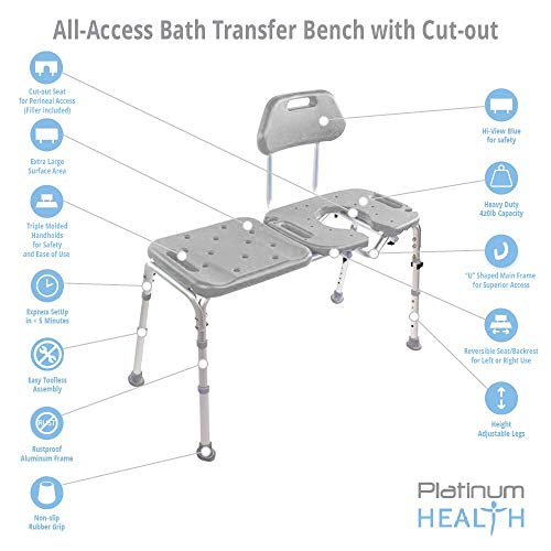 Platinum Health Bath Transfer Bench with Cutout Shower Seat, Deluxe All-Access Chair for Tub and Shower Transfers, Raised Toilet Seat for Seniors and Elderly, Adjustable Height, Includes Insert, Blue