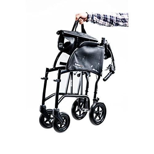 Feather Mobility - 13lb Frame - Black Lightweight Folding Transport Chair - Without Handbrakes - 300 lb Capacity