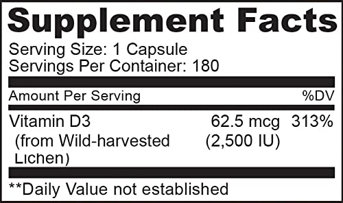 NATURELO Vitamin D - 2500 IU - Plant Based from Lichen - Natural D3 Supplement for Immune System, Bone Support, Joint Health - Vegan - Non-GMO - Gluten Free - 180 Capsules