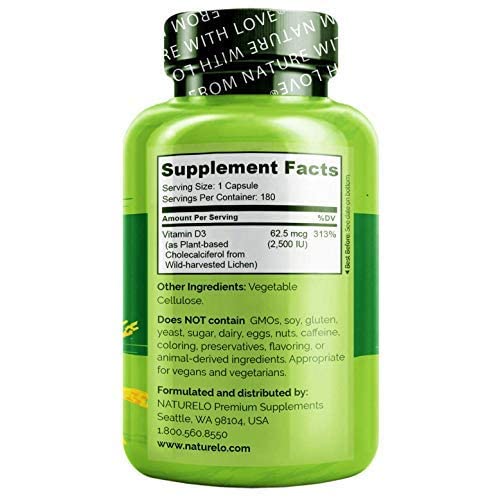 NATURELO Vitamin D - 2500 IU - Plant Based from Lichen - Natural D3 Supplement for Immune System, Bone Support, Joint Health - Vegan - Non-GMO - Gluten Free - 180 Capsules