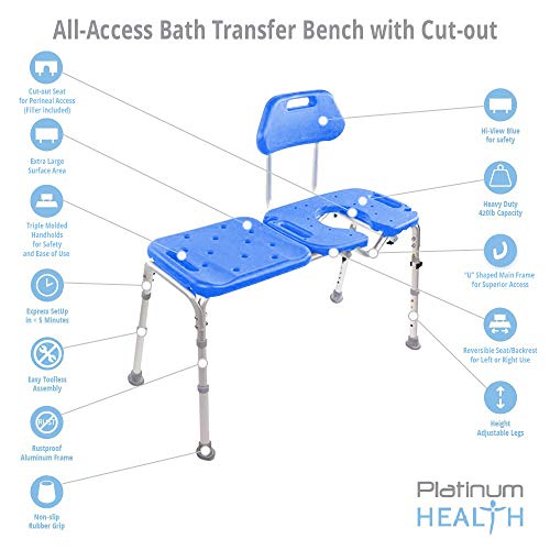 Platinum Health Bath Transfer Bench with Cutout Shower Seat, Deluxe All-Access Chair for Tub and Shower Transfers, Raised Toilet Seat for Seniors and Elderly, Adjustable Height, Includes Insert, Blue