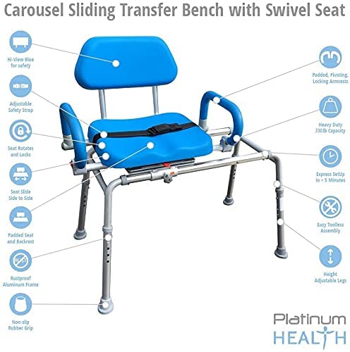 Platinum Health Carousel Sliding Shower Chair Tub Transfer Bench with Swivel Seat, Premium Padded, Pivoting Arms, Adjustable Space Saving Design for Tubs, Inside Shower, for Handicap & Seniors, Blue