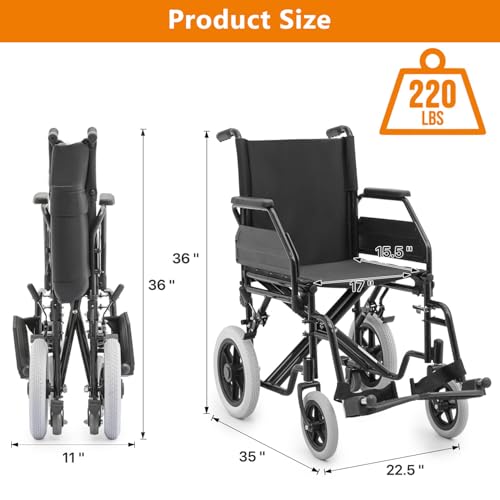 Wheelchair, Heavy Duty Folding Transport Wheelchair with Swing-Away Foot Rest and Removable Flip Back Armrests, 17" Wide Seat for Adults Seniors Easy Transfers, 300lbs, Red