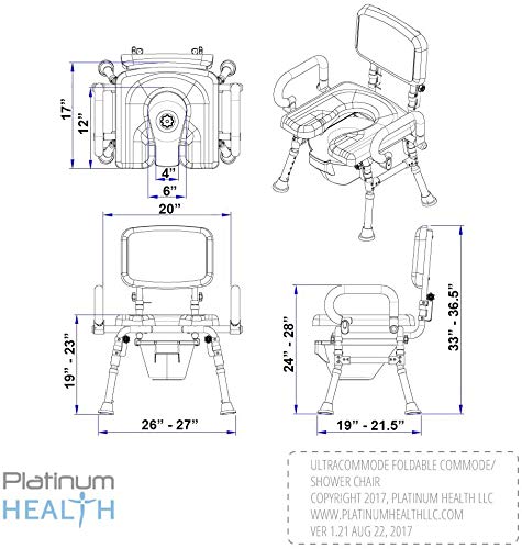 Platinum Health UltraCommode™ Foldable Commode and Shower Chair, Soft, Warm, Portable XL Toilet Seat with Open Front, Padded Pivoting Armrests, Adjustable Height, Includes Free Commode Pail, Blue