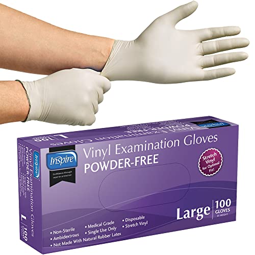 Inspire Stretch Vinyl Exam Gloves | THE ORIGINAL Quality Disposable Latex Free Medical Glove Cleaning Cooking Food Service Labs Healthcare and Household, Large 1000 Count