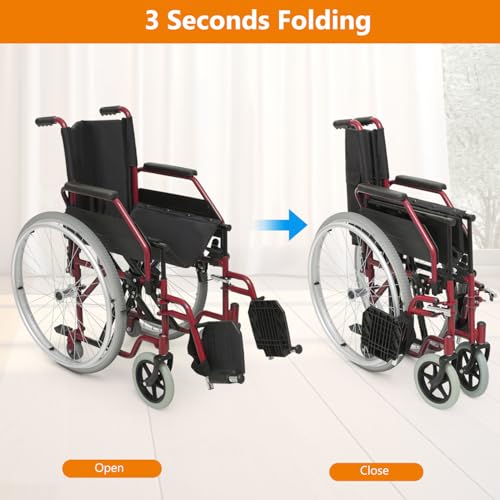 Wheelchair, Heavy Duty Folding Transport Wheelchair with Swing-Away Foot Rest and Removable Flip Back Armrests, 17" Wide Seat for Adults Seniors Easy Transfers, 300lbs, Red