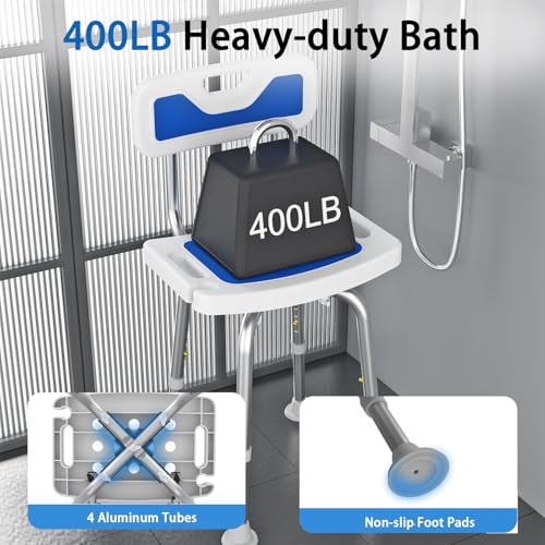 Swive Shower Chair with Arms and Back Heavy Duty 500 lbs for Seniors Elderly Disabled or Bariatric Adults Bench Seat for Inside Shower Stall and Bathroom Bath Tub Seats Adjustable Stool