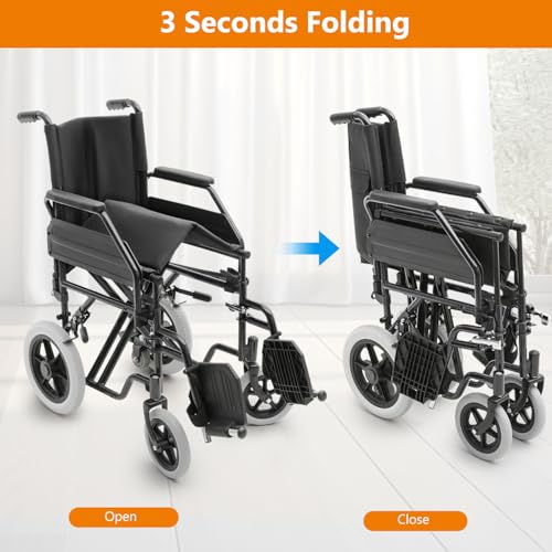 Wheelchair, Heavy Duty Folding Transport Wheelchair with Swing-Away Foot Rest and Removable Flip Back Armrests, 17" Wide Seat for Adults Seniors Easy Transfers, 300lbs, Red