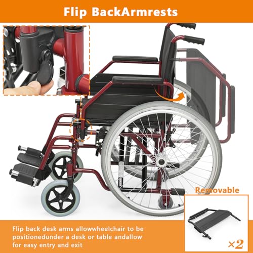 Wheelchair, Heavy Duty Folding Transport Wheelchair with Swing-Away Foot Rest and Removable Flip Back Armrests, 17" Wide Seat for Adults Seniors Easy Transfers, 300lbs, Red
