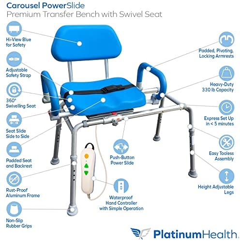 Platinum Health Carousel Sliding Shower Chair Tub Transfer Bench with Swivel Seat, Premium Padded, Pivoting Arms, Adjustable Space Saving Design for Tubs, Inside Shower, for Handicap & Seniors, Blue