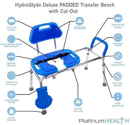 Platinum Health Sliding Shower Chair HydroGlyde Premium Heavy Duty, Padded Bathtub Transfer Bench with Cut Out Seat, for Bath Tub, Adjustable Legs, and Safety Belt, Quick Tool-Less Assembly, Blue