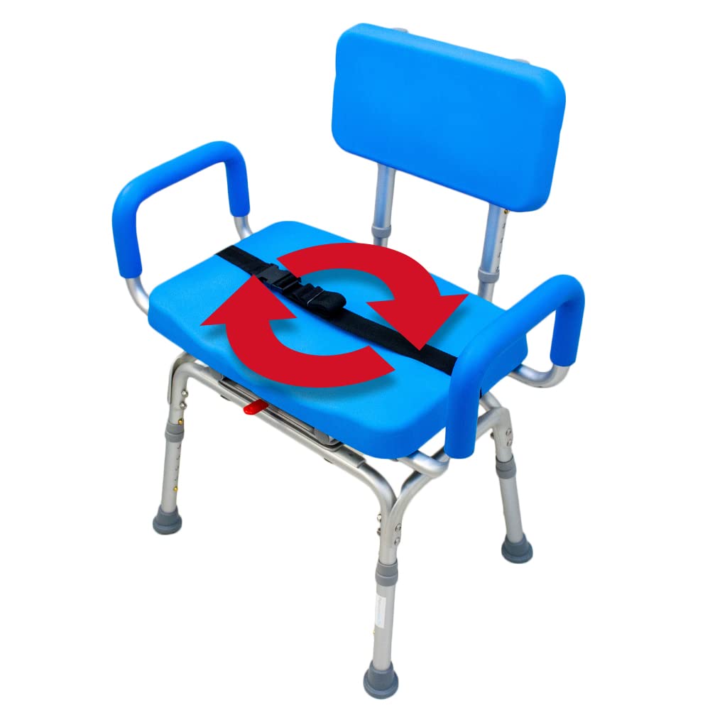 Revolution Pivoting Shower Chair for Bathtub, Adjustable Swivel Seat with Padded Back and Arms, Adjustable Space Saving Design for Tubs, Shower, for Elderly, Handicap & Seniors, Blue