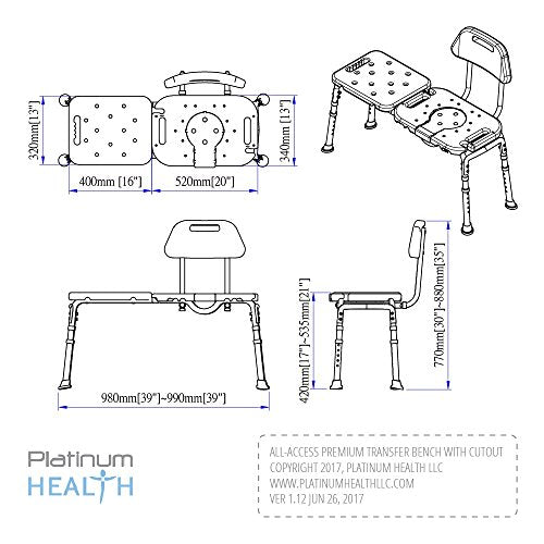 Platinum Health Bath Transfer Bench with Cutout Shower Seat, Deluxe All-Access Chair for Tub and Shower Transfers, Raised Toilet Seat for Seniors and Elderly, Adjustable Height, Includes Insert, Blue