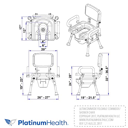 Platinum Health UltraCommode™ Foldable Commode and Shower Chair, Soft, Warm, Portable XL Toilet Seat with Open Front, Padded Pivoting Armrests, Adjustable Height, Includes Free Commode Pail, Blue