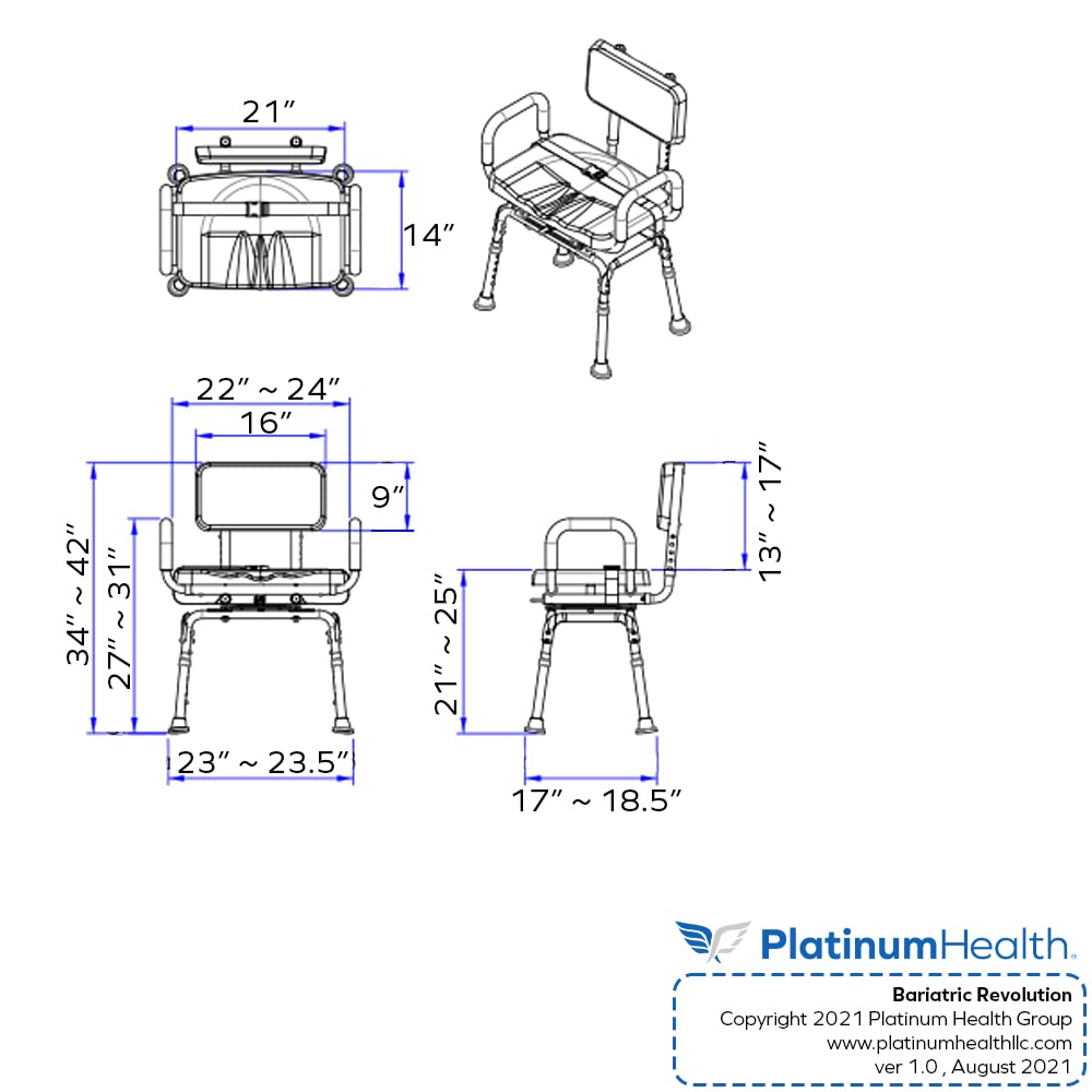 Revolution Pivoting Shower Chair for Bathtub, Adjustable Swivel Seat with Padded Back and Arms, Adjustable Space Saving Design for Tubs, Shower, for Elderly, Handicap & Seniors, Blue