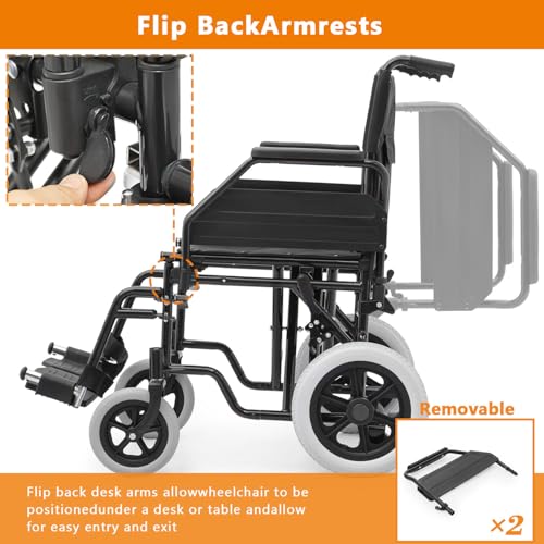 Wheelchair, Heavy Duty Folding Transport Wheelchair with Swing-Away Foot Rest and Removable Flip Back Armrests, 17" Wide Seat for Adults Seniors Easy Transfers, 300lbs, Red