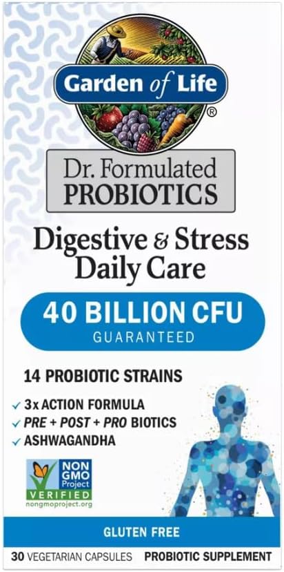Garden of Life Probiotic Supplement Capsules, Dr. Formulated Digestive + Stress - 30ct, 1 Bottle, Gluten-Free, 30 Servings