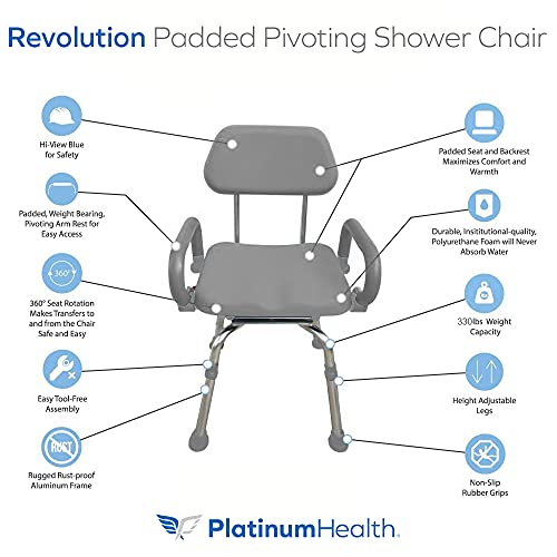Revolution Pivoting Shower Chair for Bathtub, Adjustable Swivel Seat with Padded Back and Arms, Adjustable Space Saving Design for Tubs, Shower, for Elderly, Handicap & Seniors, Blue