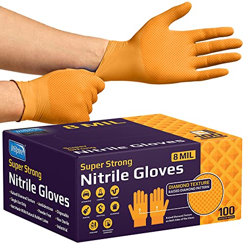 Inspire Heavy Duty Orange Nitrile Disposable Gloves | ULTRA 8 Mil Diamond Textured Grip | Industrial Mechanic Food