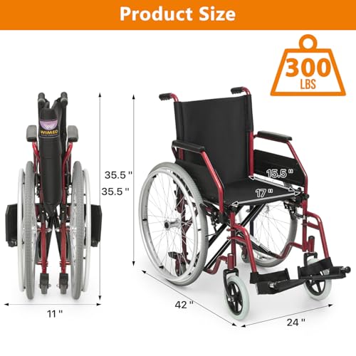 Wheelchair, Heavy Duty Folding Transport Wheelchair with Swing-Away Foot Rest and Removable Flip Back Armrests, 17" Wide Seat for Adults Seniors Easy Transfers, 300lbs, Red