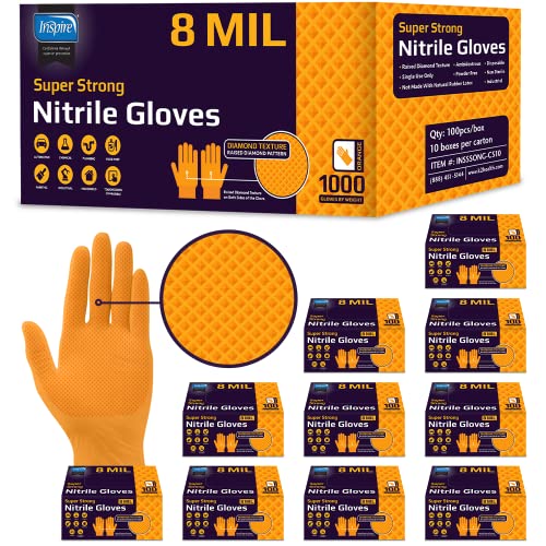 Inspire Heavy Duty Orange Nitrile Disposable Gloves | ULTRA 8 Mil Diamond Textured Grip | Industrial Mechanic Food