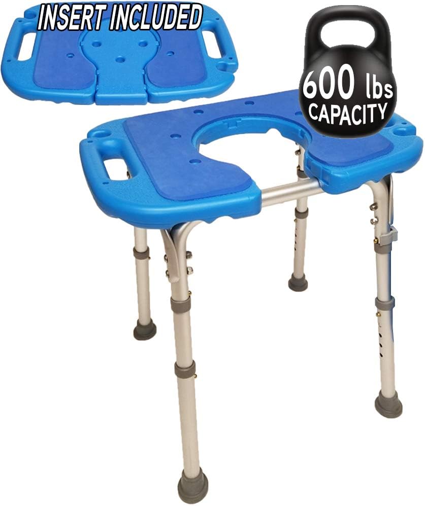 Platinum Health Atlas Deluxe Bariatric Shower/Bath Bench, 600lb. Capacity, Padded with Cutout and Insert. Heavy Duty Shower Chair/Stool with Adjustable Height and XL Seat