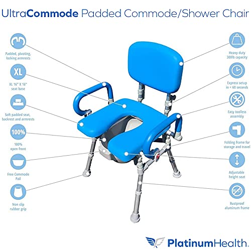 Platinum Health UltraCommode™ Foldable Commode and Shower Chair, Soft, Warm, Portable XL Toilet Seat with Open Front, Padded Pivoting Armrests, Adjustable Height, Includes Free Commode Pail, Blue