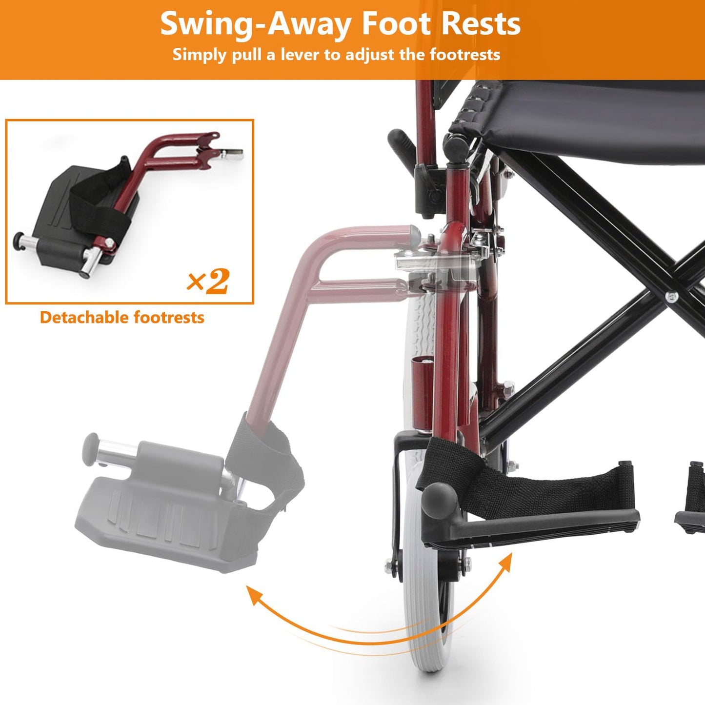 Wheelchair, Heavy Duty Folding Transport Wheelchair with Swing-Away Foot Rest and Removable Flip Back Armrests, 17" Wide Seat for Adults Seniors Easy Transfers, 300lbs, Red