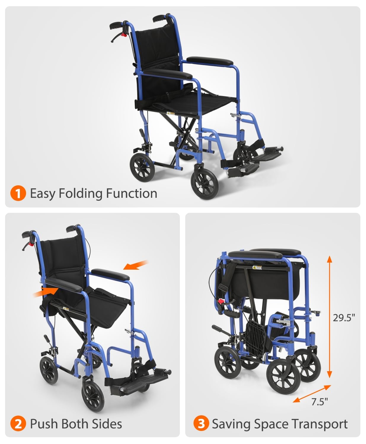Lightweight Foldable Transport Wheelchair with Handbrakes, 16" Wide Seat for Adults Seniors Easy Transfers, 250lbs, Blue
