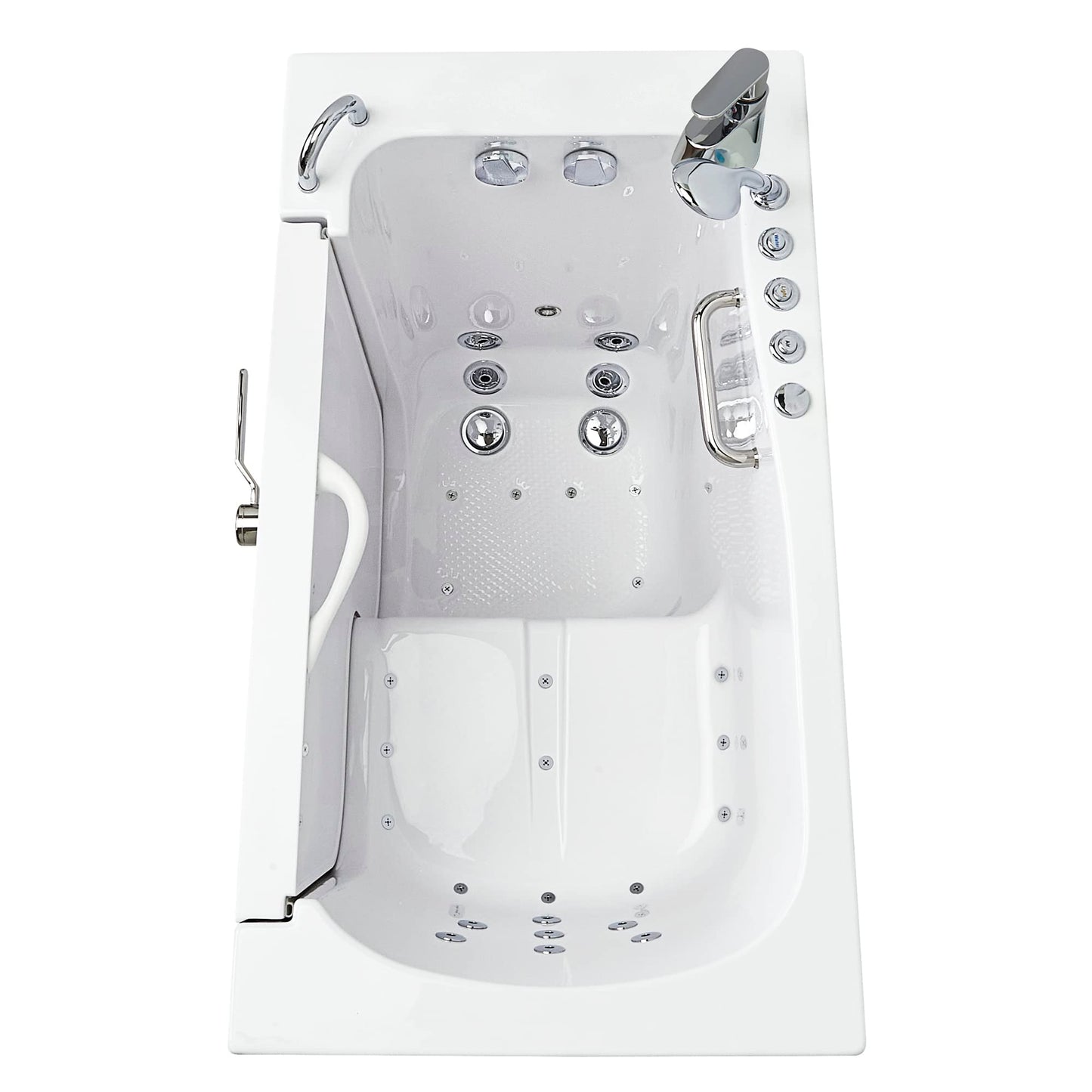 Ella Wheelchair Transfer 30"x52" Acrylic Air and Hydro Massage Walk-In Bathtub with Left Outward Swing Door, 2 Piece Fast Fill Faucet, 2" Dual Drain