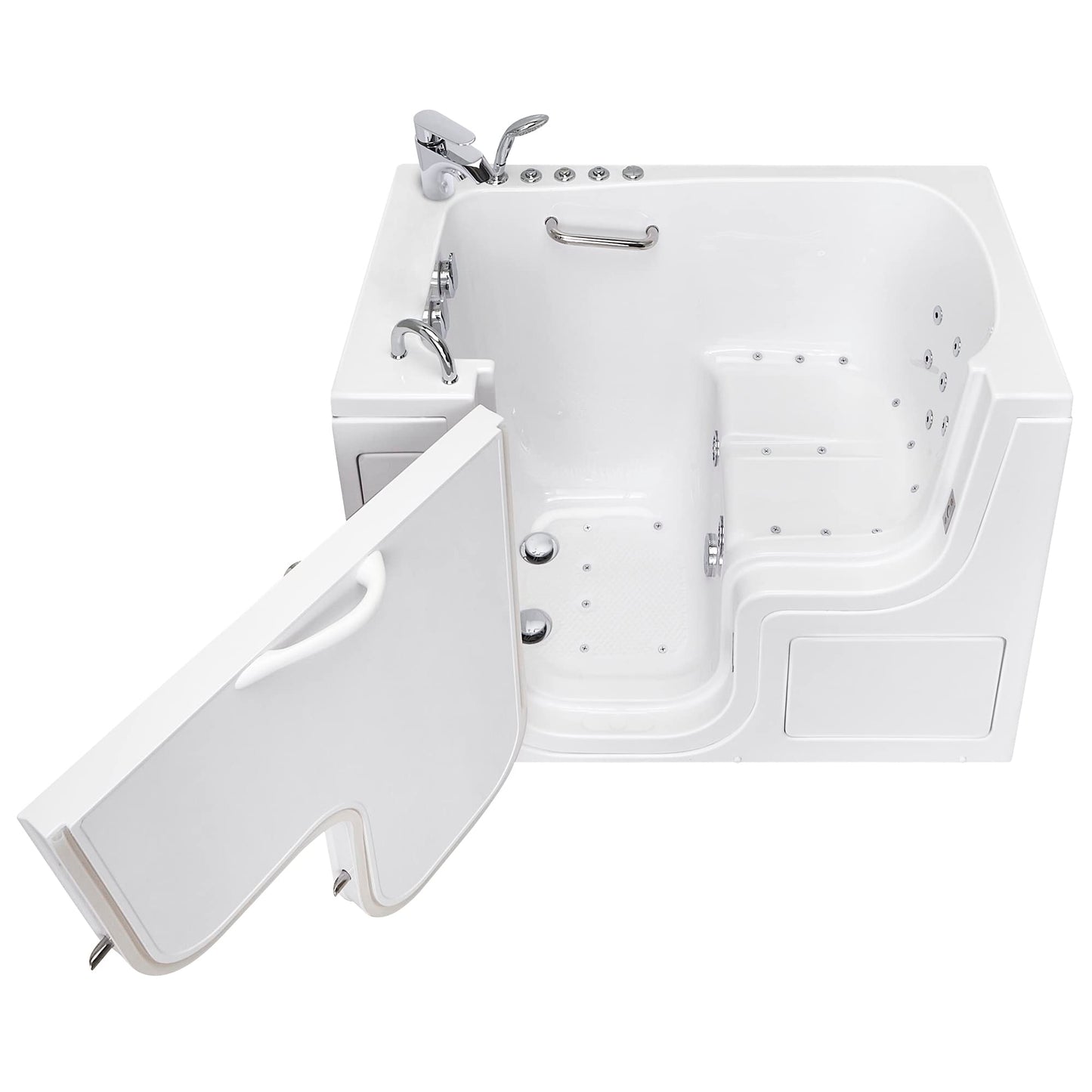 Ella Wheelchair Transfer 30"x52" Acrylic Air and Hydro Massage Walk-In Bathtub with Left Outward Swing Door, 2 Piece Fast Fill Faucet, 2" Dual Drain