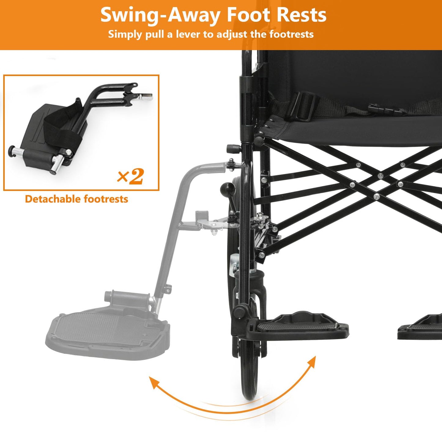 Wheelchair, Folding Transport Wheelchair with Swing-Away Foot Rest and Removable Flip Back Armrests, 18" Wide Seat for Adults Seniors Transfers, 300lbs, Black