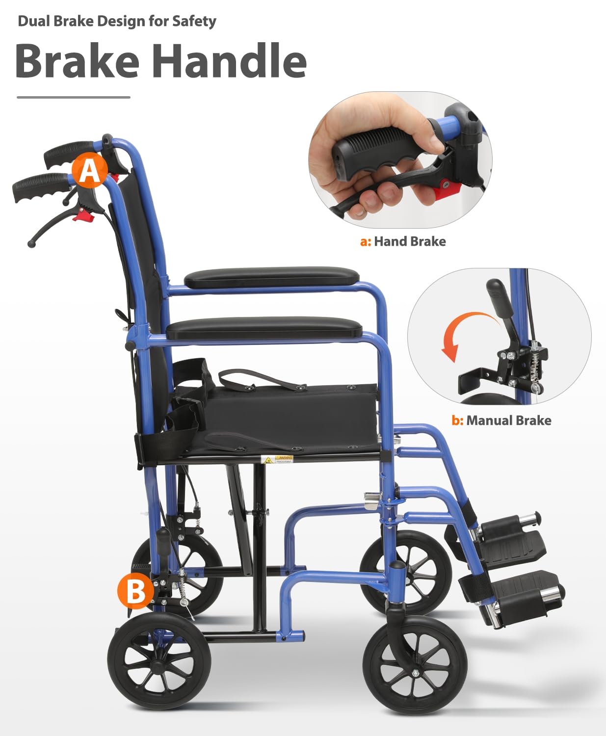 Lightweight Foldable Transport Wheelchair with Handbrakes, 16" Wide Seat for Adults Seniors Easy Transfers, 250lbs, Blue