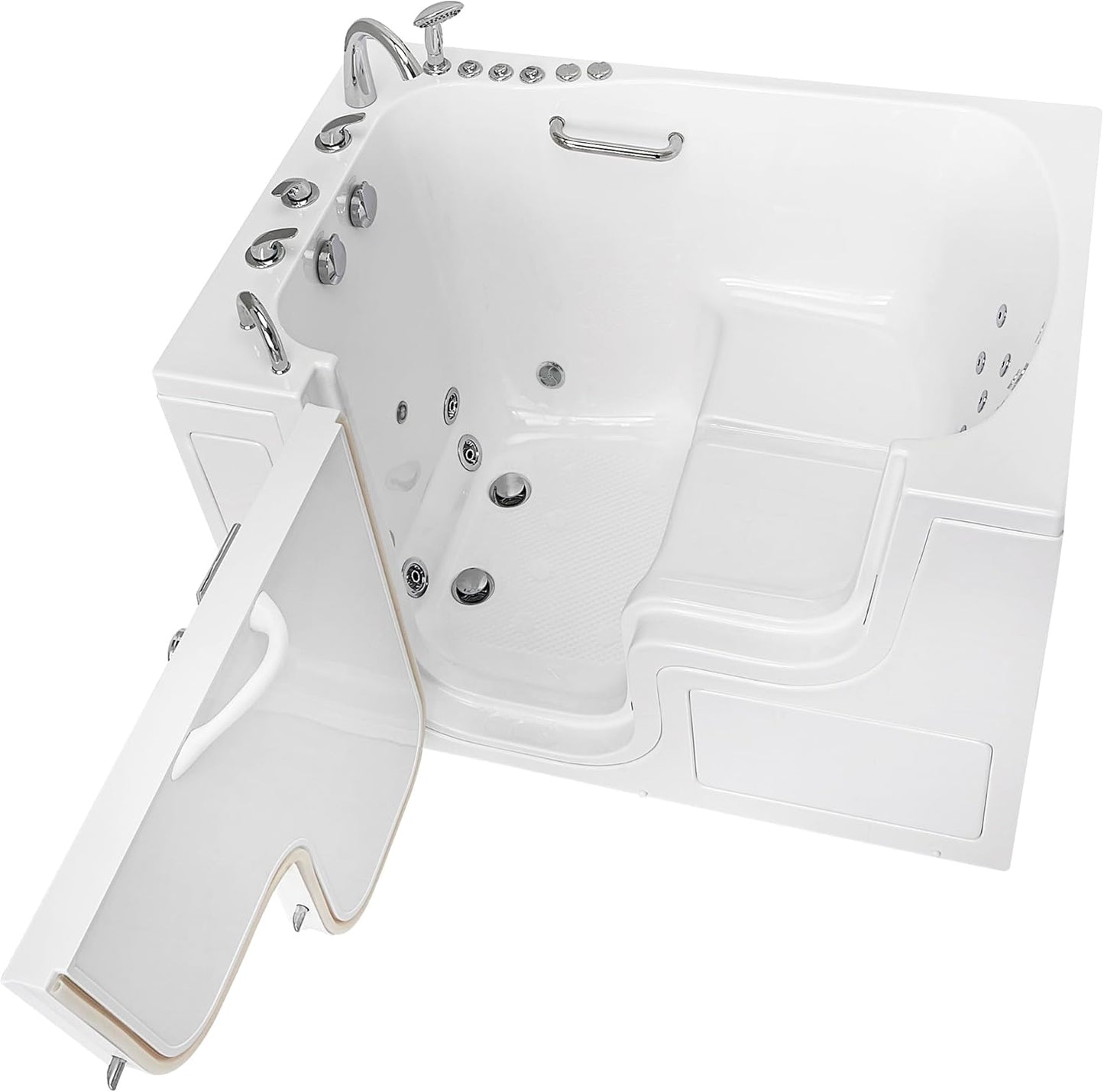 Ella Wheelchair Transfer 36"x55" Acrylic Hydro Massage w/Independent Foot Massage Walk-In Bathtub, Left Door, 5 Piece Fast Fill Faucet, 2" Dual Drain