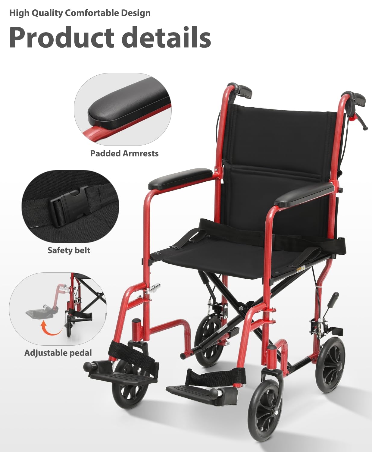 Lightweight Foldable Transport Wheelchair with Handbrakes, 16" Wide Seat for Adults Seniors Easy Transfers, 250lbs, Blue