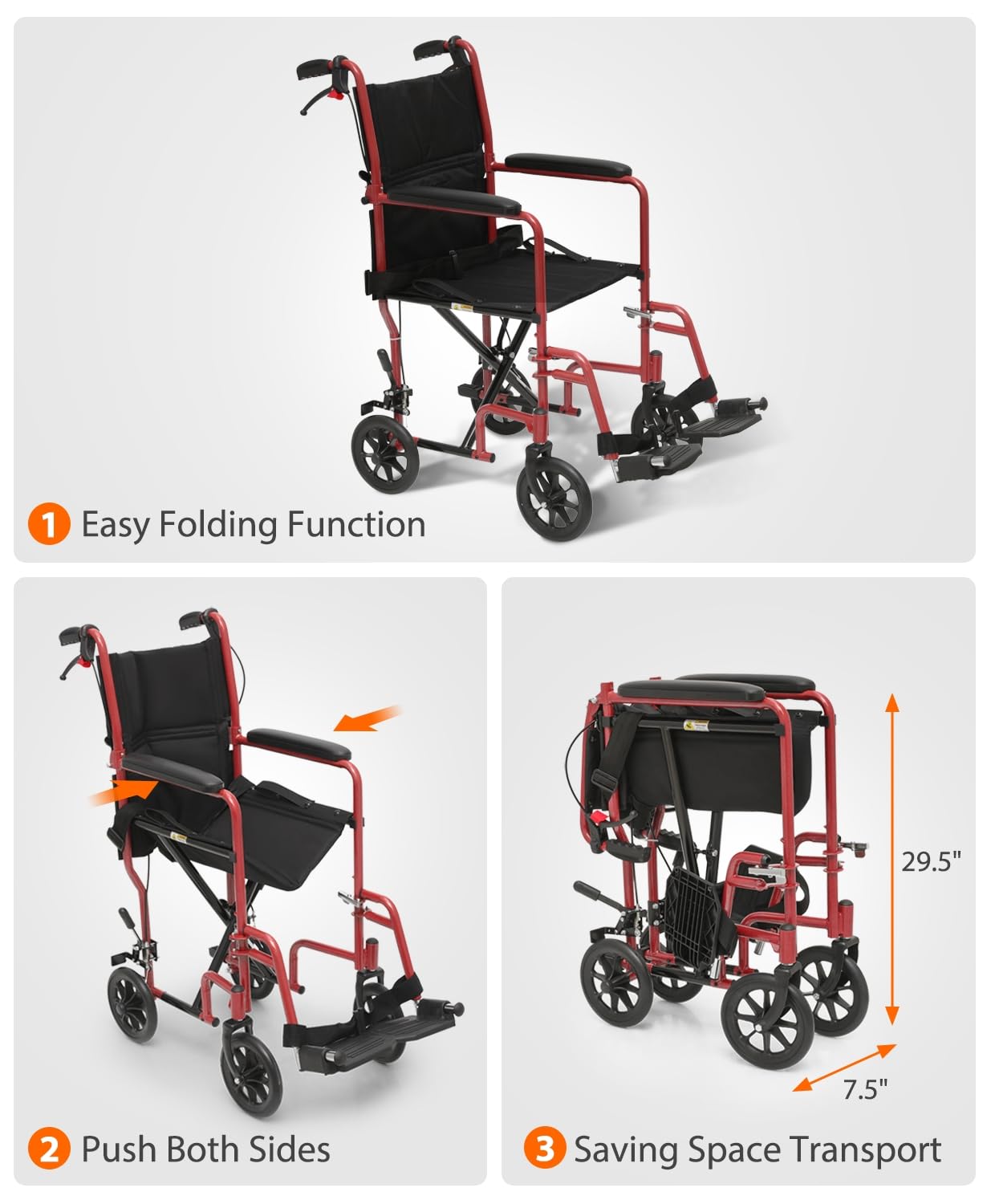 Lightweight Foldable Transport Wheelchair with Handbrakes, 16" Wide Seat for Adults Seniors Easy Transfers, 250lbs, Blue