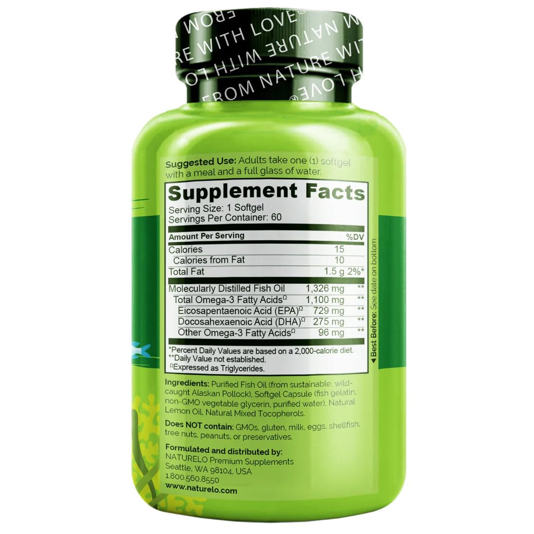 NATURELO Burpless Omega 3 Fish Oil Supplement - 1100mg Triglyceride Omega-3, EPA + DHA, Liquid Fish Oil Omega 3 for Heart, Eye, Brain, Joint Health - 120 Softgels, 4 Months Supply