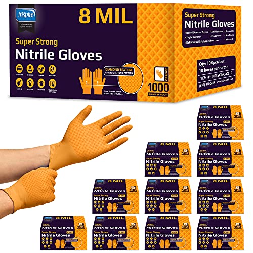 Inspire Heavy Duty Orange Nitrile Disposable Gloves | ULTRA 8 Mil Diamond Textured Grip | Industrial Mechanic Food