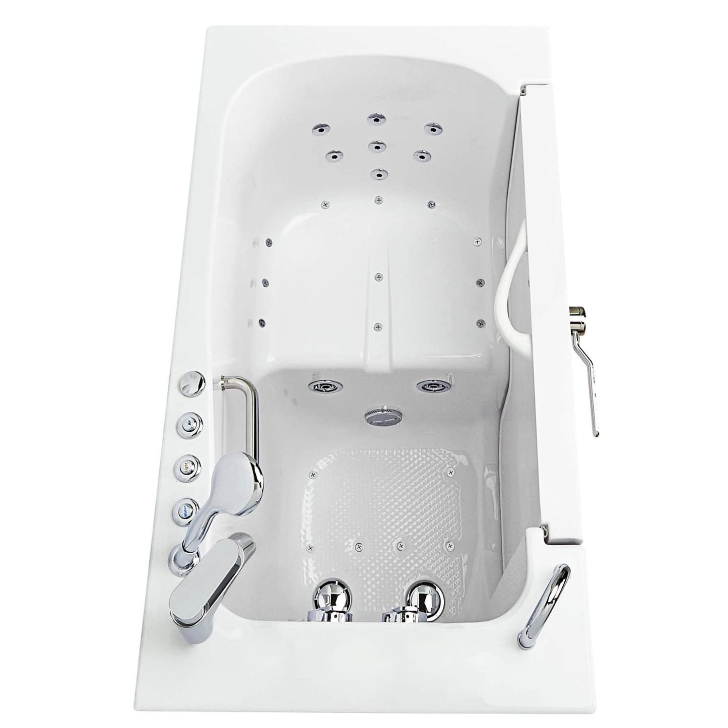Ella Wheelchair Transfer 30"x52" Acrylic Air and Hydro Massage Walk-In Bathtub with Left Outward Swing Door, 2 Piece Fast Fill Faucet, 2" Dual Drain