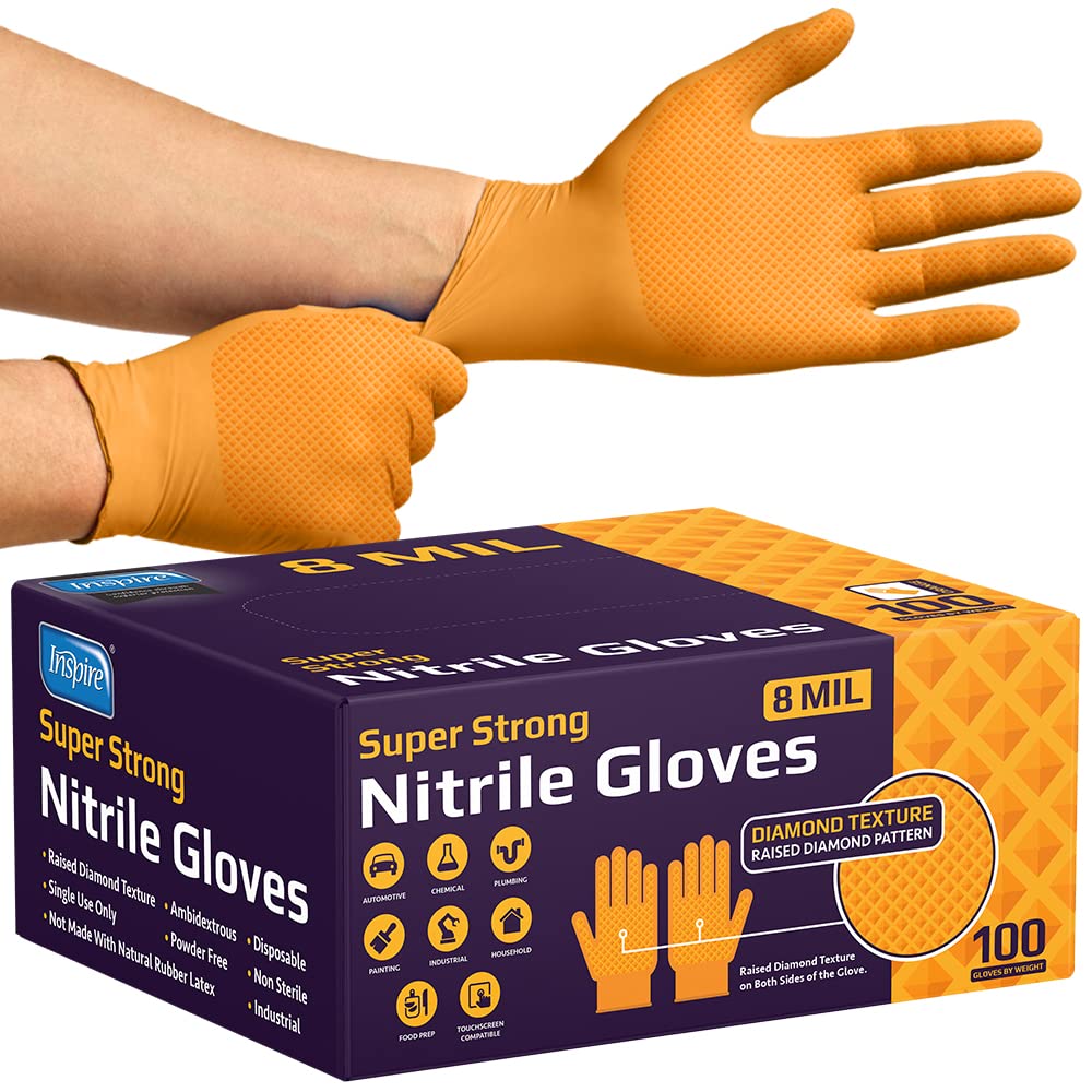 Inspire Heavy Duty Orange Nitrile Disposable Gloves | ULTRA 8 Mil Diamond Textured Grip | Industrial Mechanic Food