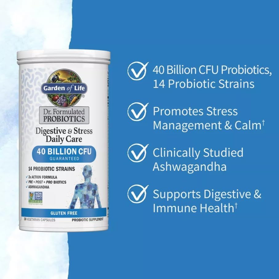 Garden of Life Probiotic Supplement Capsules, Dr. Formulated Digestive + Stress - 30ct, 1 Bottle, Gluten-Free, 30 Servings
