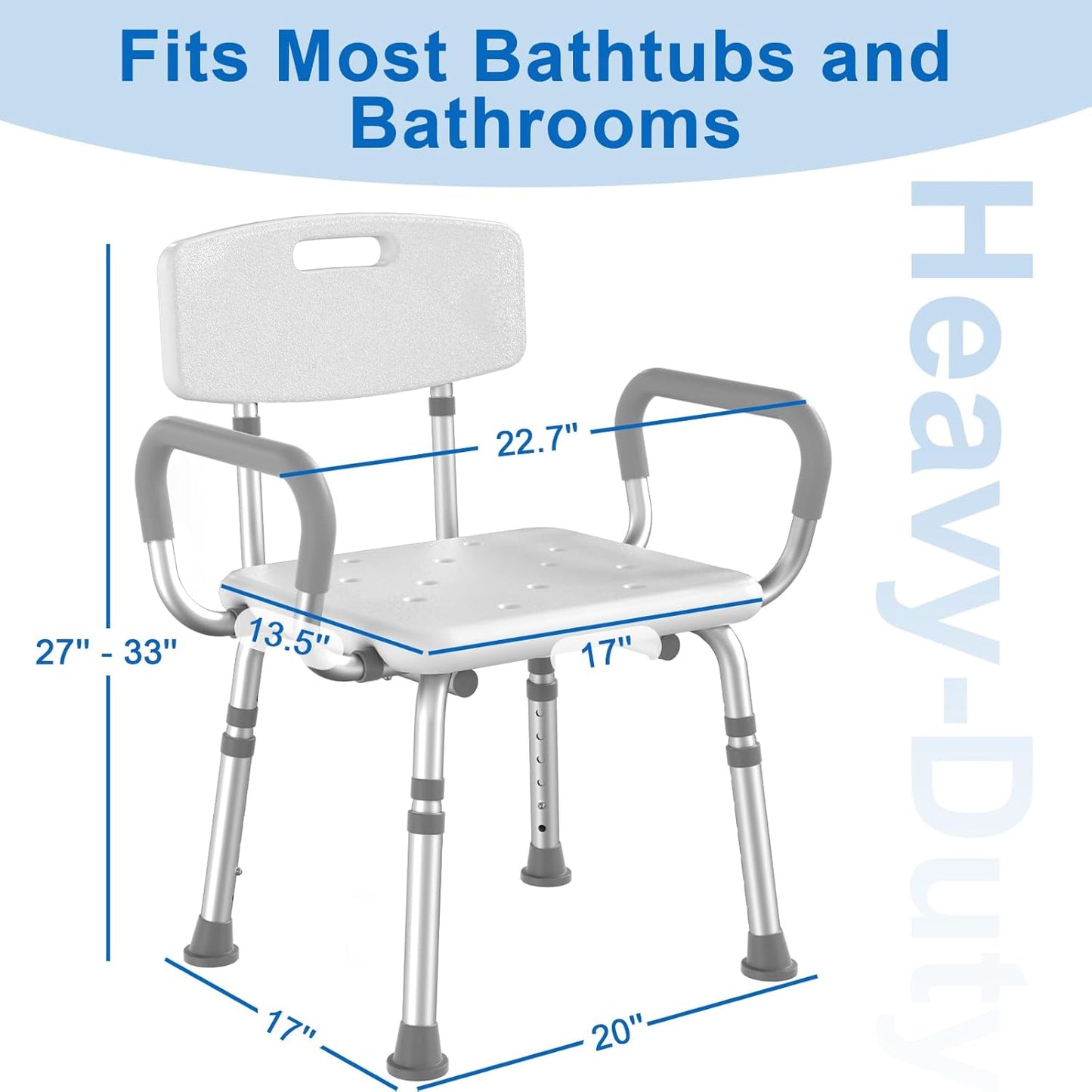 Shower Chair for Inside Shower with Arms and Back, FSA/HSA Eligible 500 lbs Heavy Duty Shower Seat for Bathtub, Height Adjustable Safety Bath Seat for Elderly, Adults, Handicap and Disabled