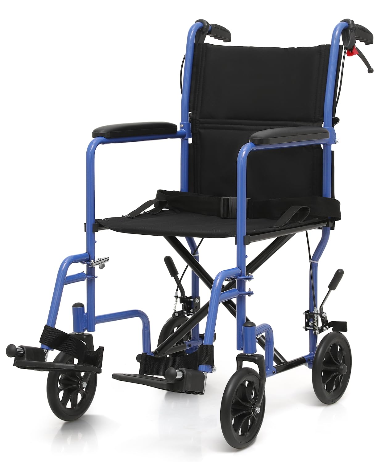 Lightweight Foldable Transport Wheelchair with Handbrakes, 16" Wide Seat for Adults Seniors Easy Transfers, 250lbs, Blue