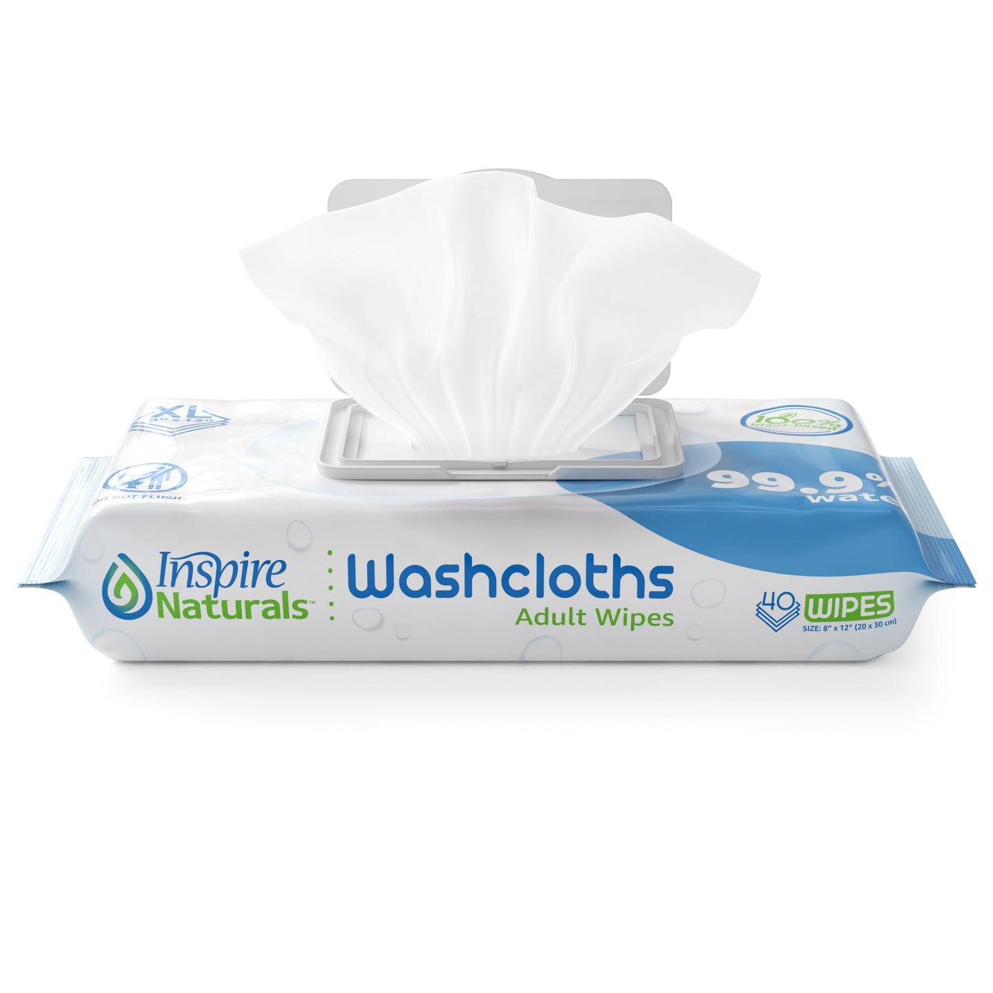 Inspire Naturals 99.9% Water Based Wet Wipes For Adults | Plastic Free Adult Wipe Extra Large Unscented | Disposable Washcloths For Elderly Incontinence, Bathing and Body (160 Ct)