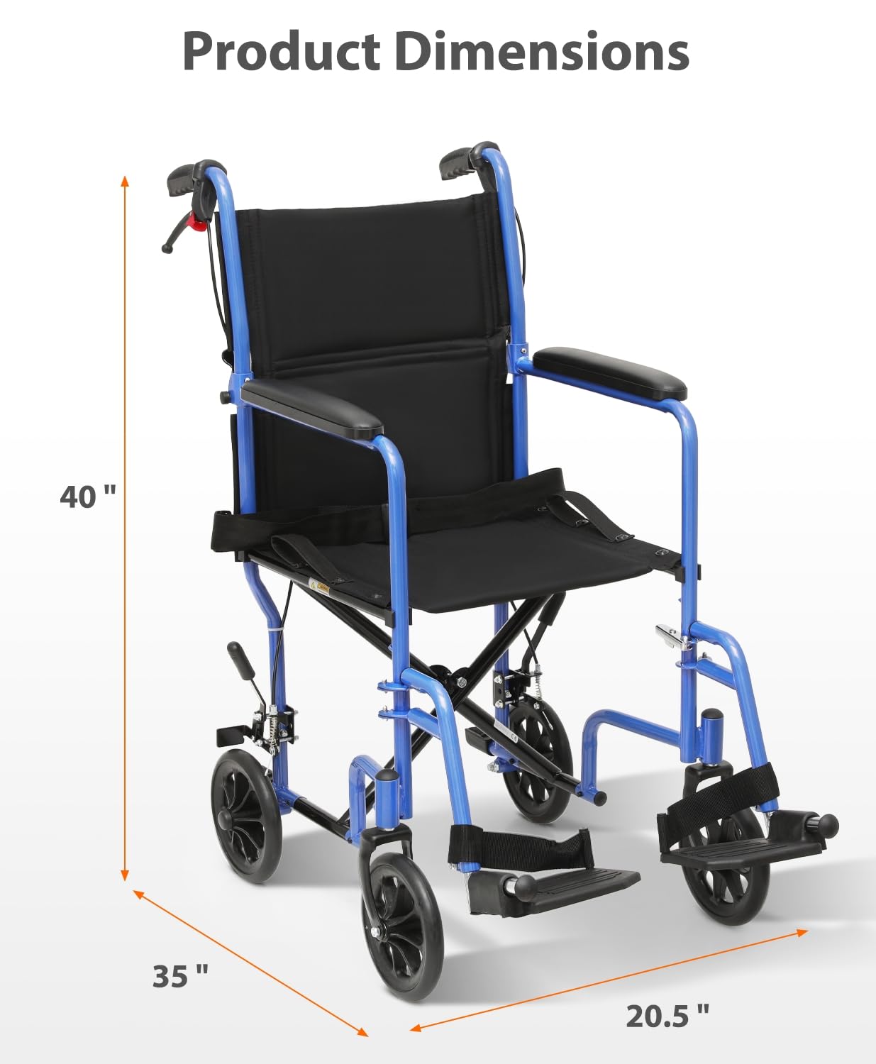 Lightweight Foldable Transport Wheelchair with Handbrakes, 16" Wide Seat for Adults Seniors Easy Transfers, 250lbs, Blue