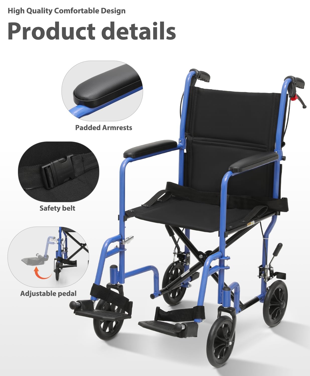 Lightweight Foldable Transport Wheelchair with Handbrakes, 16" Wide Seat for Adults Seniors Easy Transfers, 250lbs, Blue