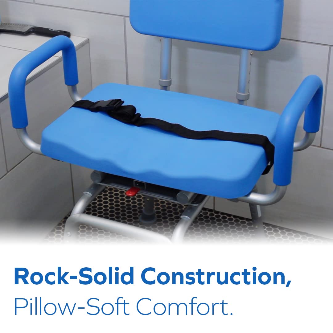 Revolution Pivoting Shower Chair for Bathtub, Adjustable Swivel Seat with Padded Back and Arms, Adjustable Space Saving Design for Tubs, Shower, for Elderly, Handicap & Seniors, Blue