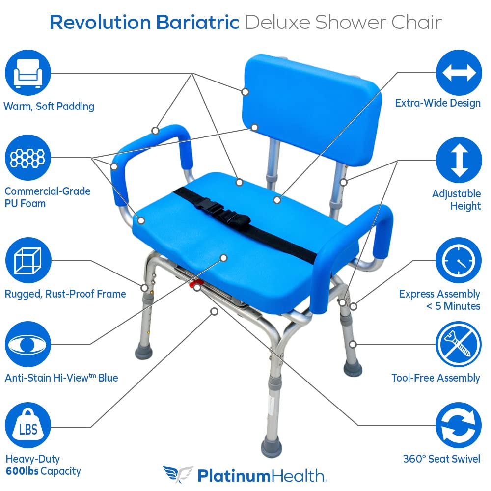 Revolution Pivoting Shower Chair for Bathtub, Adjustable Swivel Seat with Padded Back and Arms, Adjustable Space Saving Design for Tubs, Shower, for Elderly, Handicap & Seniors, Blue