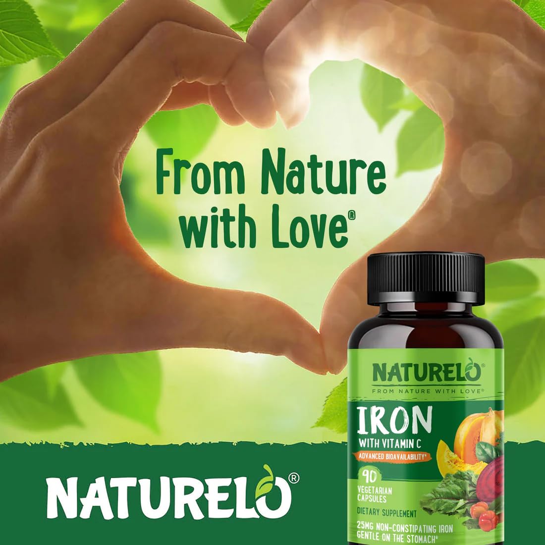 NATURELO Vegan Iron Supplement with Vitamin C and Organic Whole Foods - Gentle Iron Pills for Women & Men with Iron Deficiency Including Pregnancy, Anemia and Vegan Diets - 90 Mini Capsules