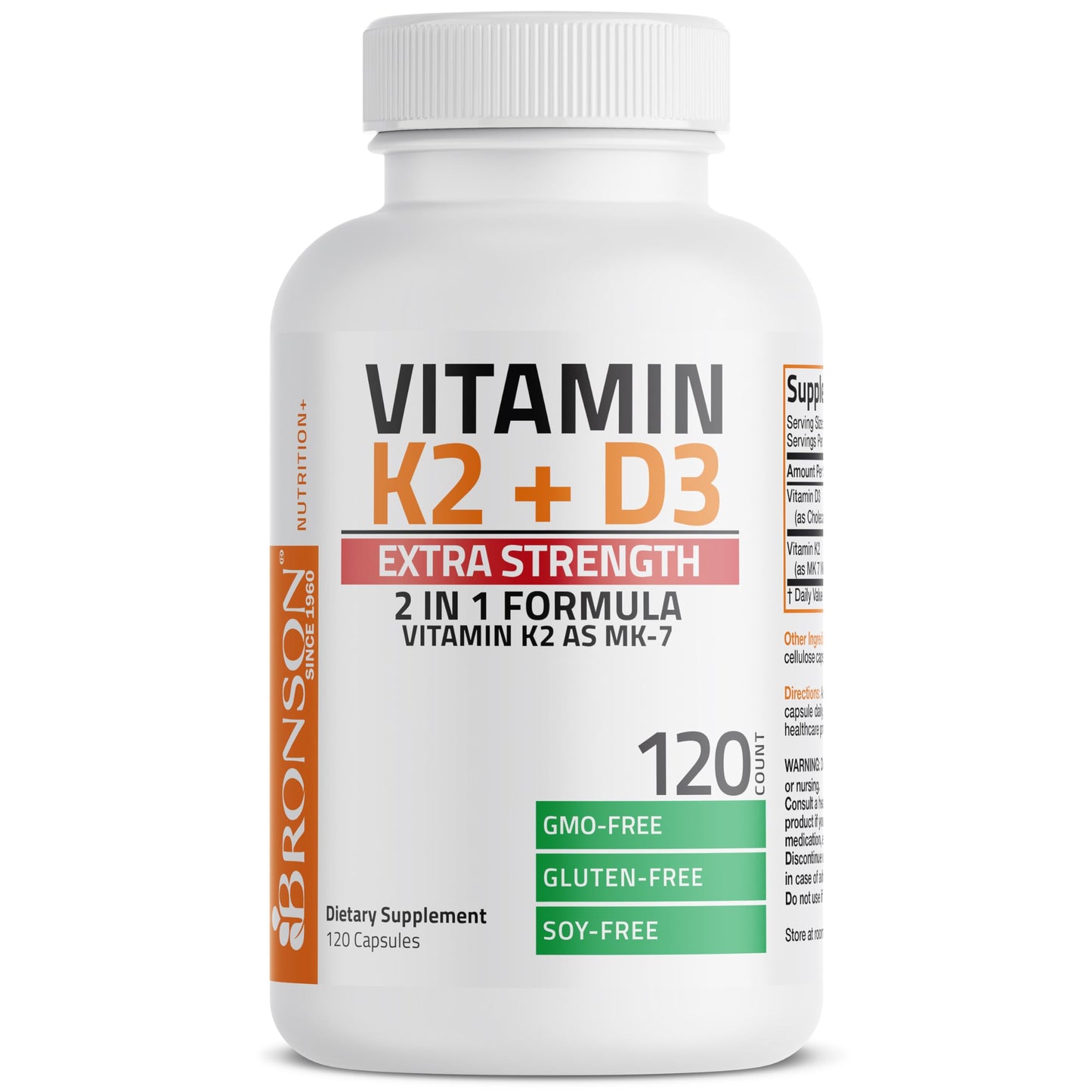 Bronson Vitamin K2 (MK7) with D3 Extra Strength Supplement Bone Health Non-GMO Formula 10,000 IU & 120 mcg MK-7 Easy to Swallow D K, 60 Capsules